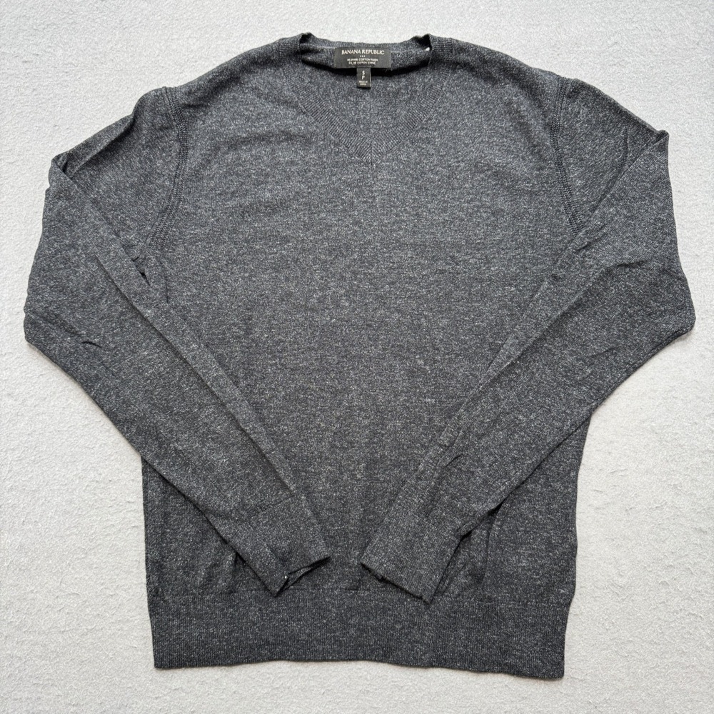 Banana Republic Sweater Men's Small Gray V-Neck Heather Cotton Crewneck Pullover
